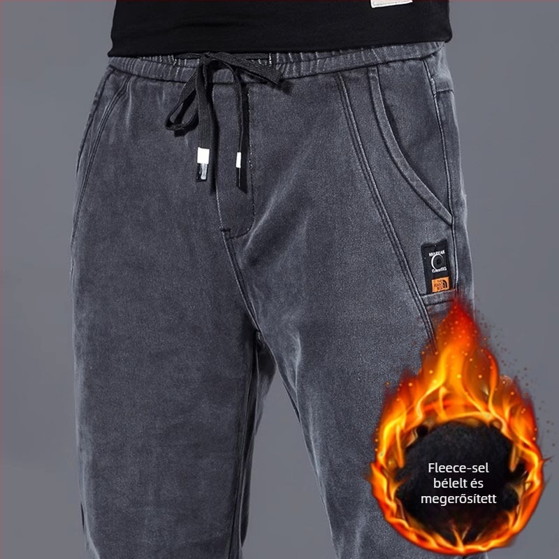 Farmernadrág fleece-beléssel téli meleghez, egyenes szabású, középmagas derekú, kötőzár