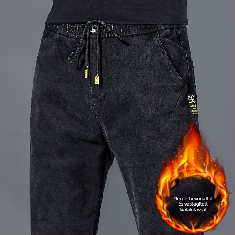 Farmernadrág fleece-beléssel téli meleghez, egyenes szabású, középmagas derekú, kötőzár