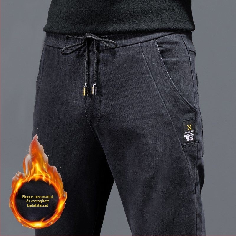 Farmernadrág fleece-beléssel téli meleghez, egyenes szabású, középmagas derekú, kötőzár