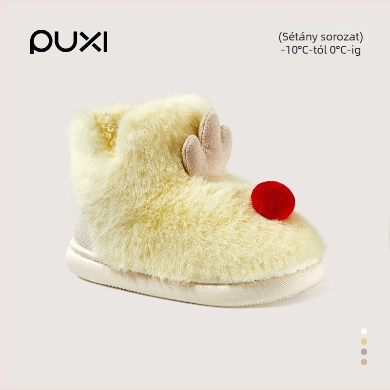 Uniszex gyerekeknek pamut téli bokacipő, fleece béléssel, slip-on, állatmintás, PVC talp