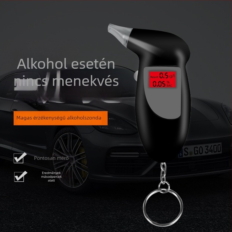 Járműhöz készült légalkohol-teszt nagy pontossággal — légzésalapú alkoholszint mérő autóhoz, műanyag ház, hivatalosan engedélyezett magánmárkák