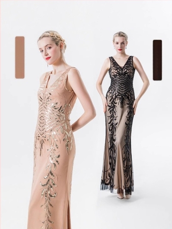 Flitteres estélyi ruha mély V-nyakkal, karcsú szabás, poliészter anyag, tavasz 2025, alkalmas bankettekre és hoteleseményekre