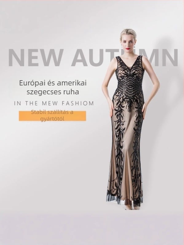 Flitteres estélyi ruha mély V-nyakkal, karcsú szabás, poliészter anyag, tavasz 2025, alkalmas bankettekre és hoteleseményekre