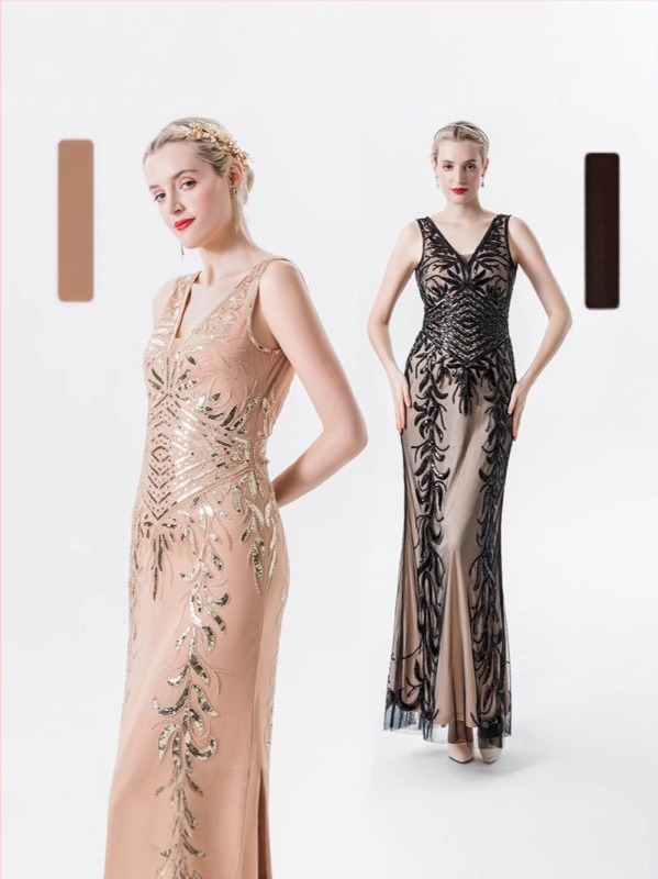 Flitteres estélyi ruha mély V-nyakkal, karcsú szabás, poliészter anyag, tavasz 2025, alkalmas bankettekre és hoteleseményekre