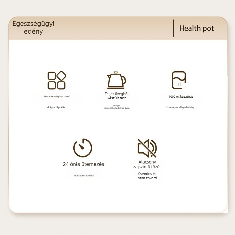 Üveg egészség tea kanna 1L, 220V, 400–500W, Digitális termosztát, Mikroprocesszoros vezérlés