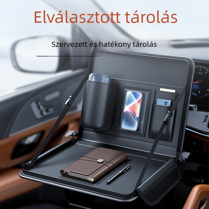 Hátsó üléshez akasztós bőrtáblás asztal – vízálló felület, tároló_zseb, logónyomtatás_elérhető