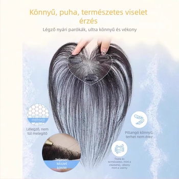 Valódi hajból készült paróka, teljesen kézzel szőtt darab, frufru nyolcas formájú a hajvonal elrejtésére; láthatatlan, természetes, könnyű és lélegző (Anyag: valódi haj; Feldolgozás: kézzel szőtt; Frufru: nyolcas; Festés: engedélyezett; Haj típus: egyenes)