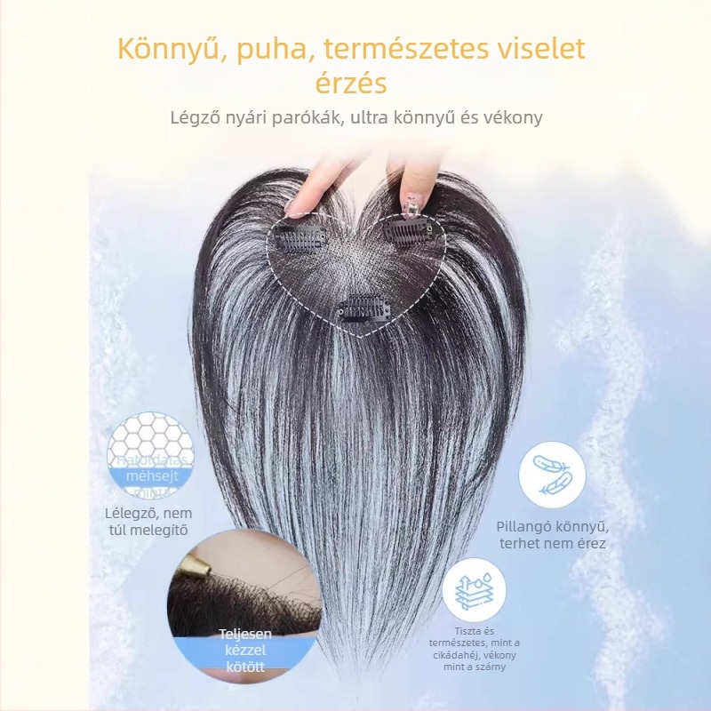 Valódi hajból készült paróka, teljesen kézzel szőtt darab, frufru nyolcas formájú a hajvonal elrejtésére; láthatatlan, természetes, könnyű és lélegző (Anyag: valódi haj; Feldolgozás: kézzel szőtt; Frufru: nyolcas; Festés: engedélyezett; Haj típus: egyenes)