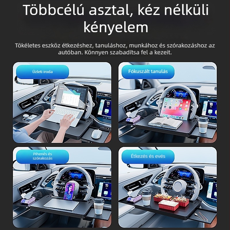 Multifunkcionális, univerzális autó kormánykerék asztalka pohártartóval és lebegő belső tér íróasztallal