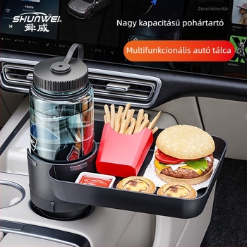 Autóba szerelhető tálca forgó asztallal és pohártartóval, SD-1079 modell, műanyag, kompatibil az eredeti pohártartóval, ideális az Ideal és Tesla modellekhez