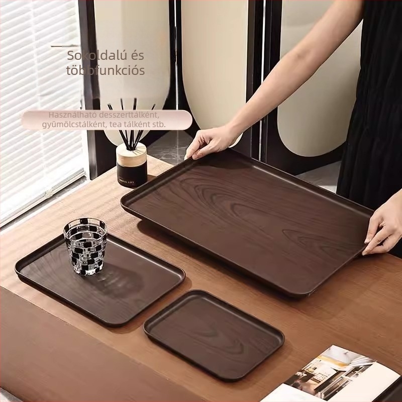 Téglalap alakú műanyag teás tálca diófa mintás felülettel, ideális szállodai és otthoni használatra, teáscsésze és teáskanna tároló, Pallet sorozat, vintage stílus