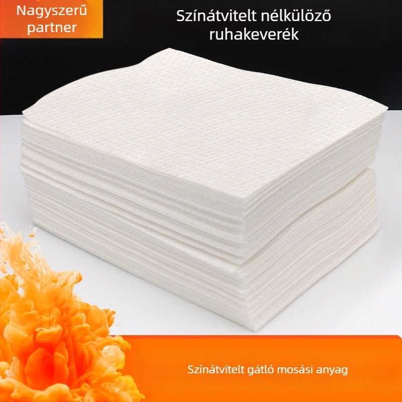 Színeződés elleni mosó törölköző (nemszőtt textil; aktív anyag tartalom 75–80%; 10 g darabonként; csomagolás 500 darab)