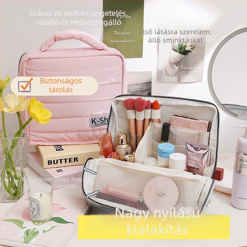 Utazási smink táska, kocka formájú, poliészter anyag, smink- és higiéniai termékekhez, modern minimalist design