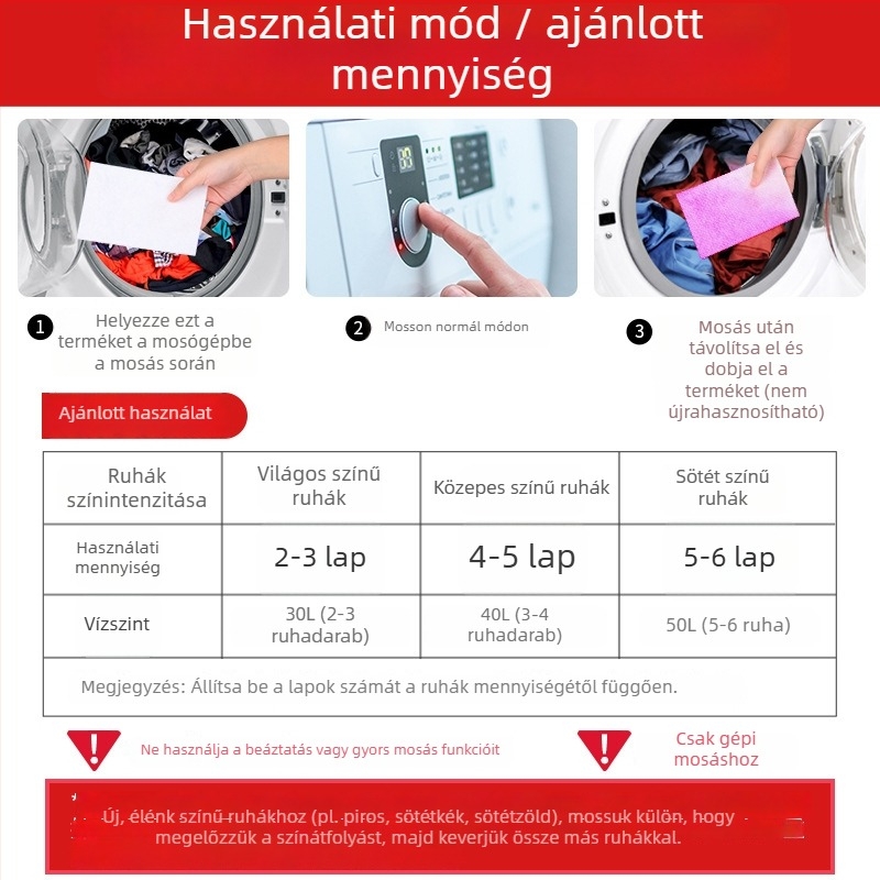 Roukun Színfelszívó mosólapok ruhák színeinek átszivárgását és fakulását megakadályozva; színvédő főlapok mosógéphez, háztartási használatra, buborékfóliával