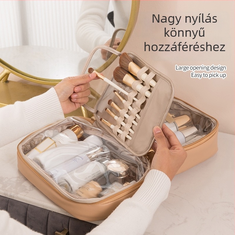 PU kozmetikai táska, nagy kapacitású, hordozható, elválasztott rekeszekkel, vízálló