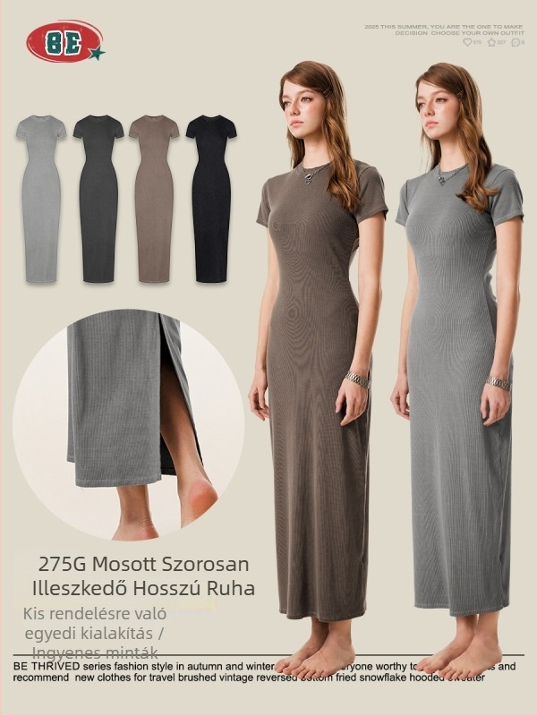 BE THRIVED ruha: karcsúsított bodycon, hosszú ruha, kerek nyakú, rövid ujjú, pamut-kevert anyag