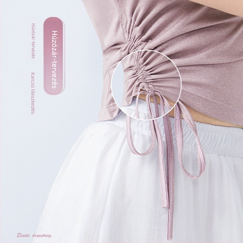 Női nyári tánctop rövid ujjú, kerek nyakú, húzózsinórral, balett, latin és modern tánchoz, poliészter anyag