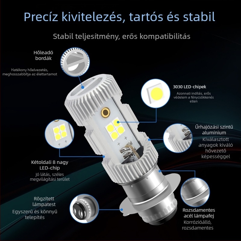 Motorkerékpár LED fényszóró P15D, két színű, közel- és távolsugár integrált, alumíniumötvözet, 9–96V, LED 3030, modell motor251-p15d, Kevanly