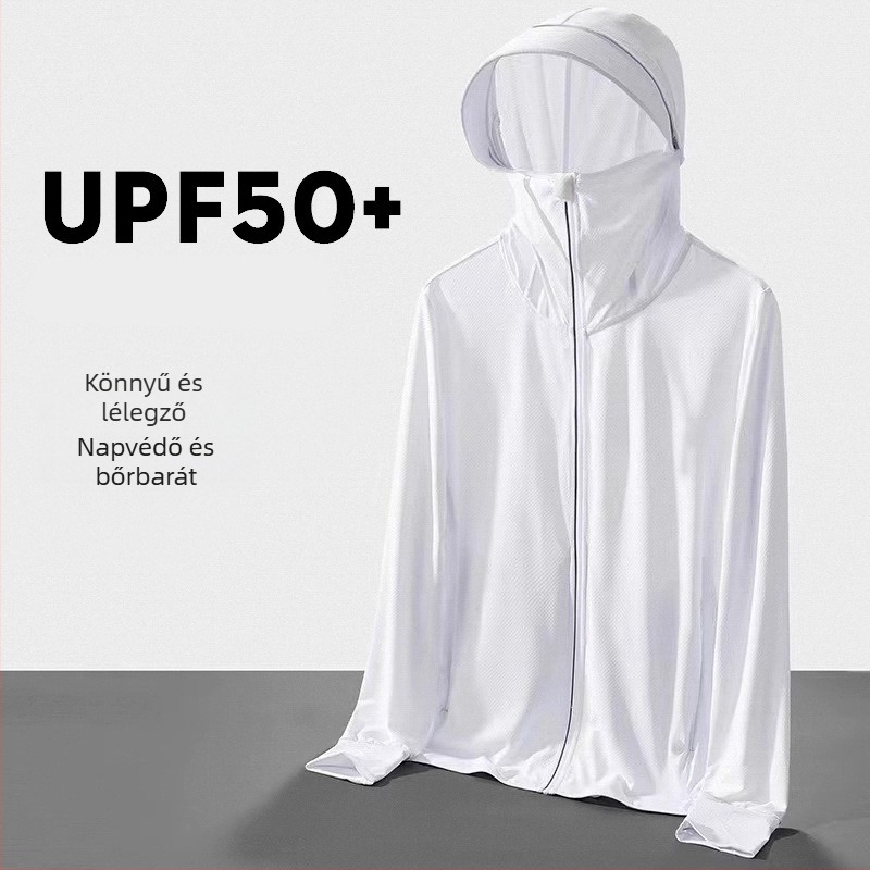 Férfi nyári lélegző dzseki UV‑védelmet UPF 90, poliészter anyagból, hosszú fazon, levehető kapucni
