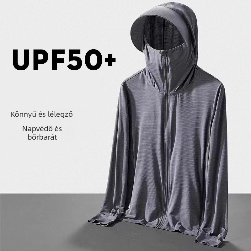 Férfi nyári lélegző dzseki UV‑védelmet UPF 90, poliészter anyagból, hosszú fazon, levehető kapucni