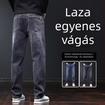 Férfi denim farmernadrág egyenes szabású, fleece béléses, középső derék, cipzár, hosszú fazon
