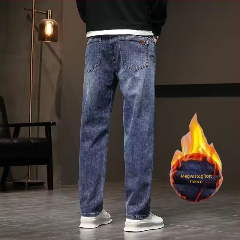 Férfi denim farmernadrág egyenes szabású, fleece béléses, középső derék, cipzár, hosszú fazon