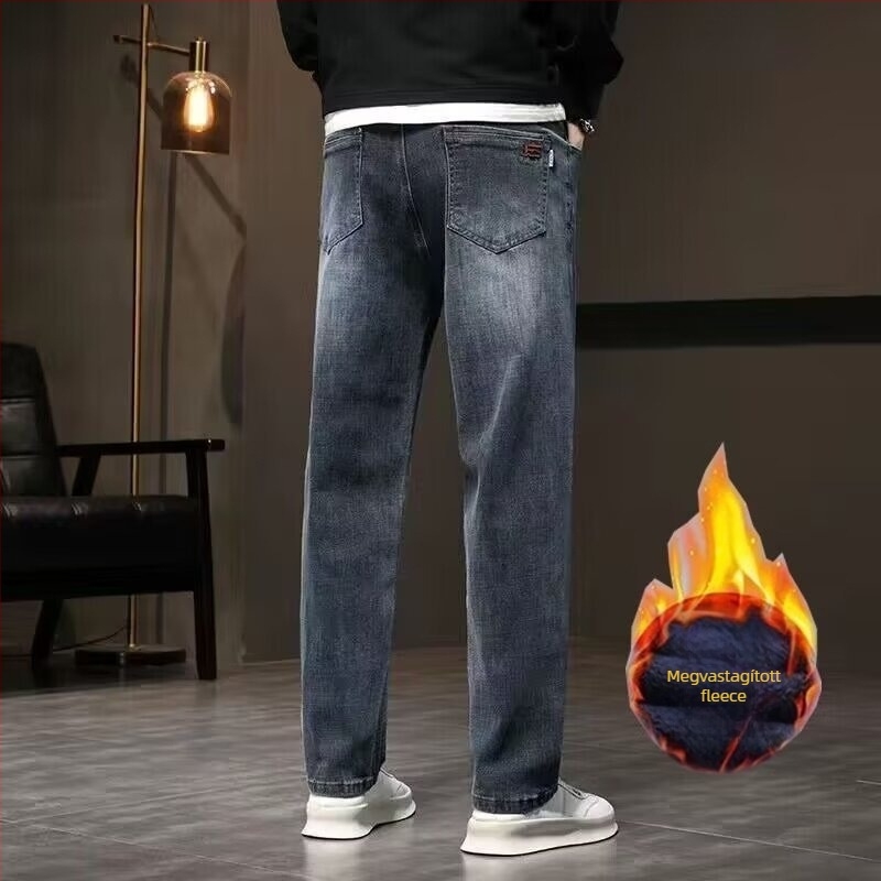 Férfi denim farmernadrág egyenes szabású, fleece béléses, középső derék, cipzár, hosszú fazon