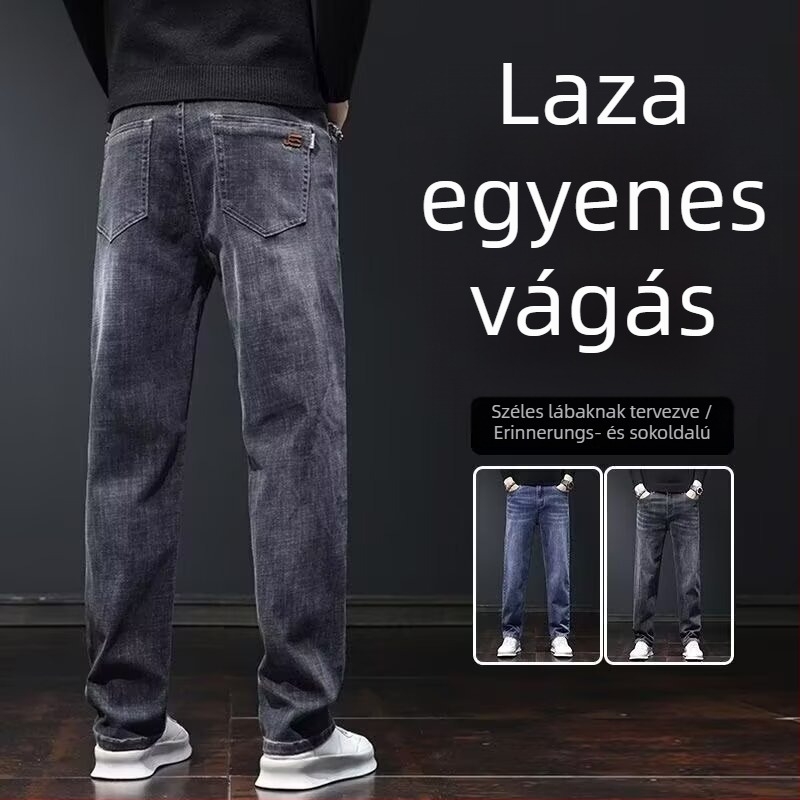 Férfi denim farmernadrág egyenes szabású, fleece béléses, középső derék, cipzár, hosszú fazon