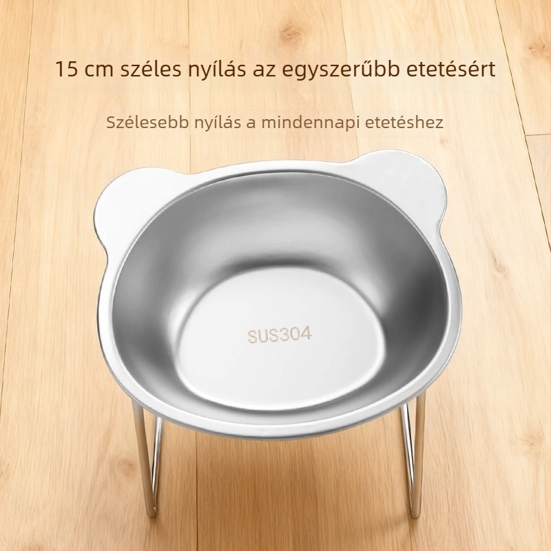 Macska rozsdamentes acélból készült kettős etető tál, emelt állvánnyal és dőlés elleni védelemmel