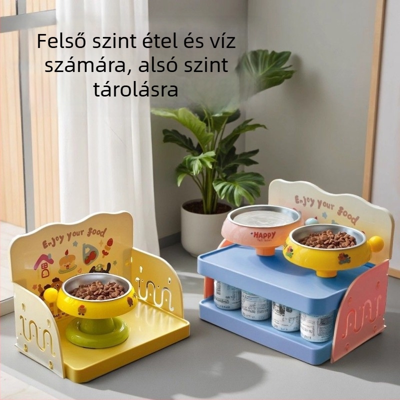 Macska etető tálak két szintes állványa (Anyag: PP; Márka: He Ou; Modell: Dopamine Dining Table; Kategória: Kisállat etetőfelszerelés)