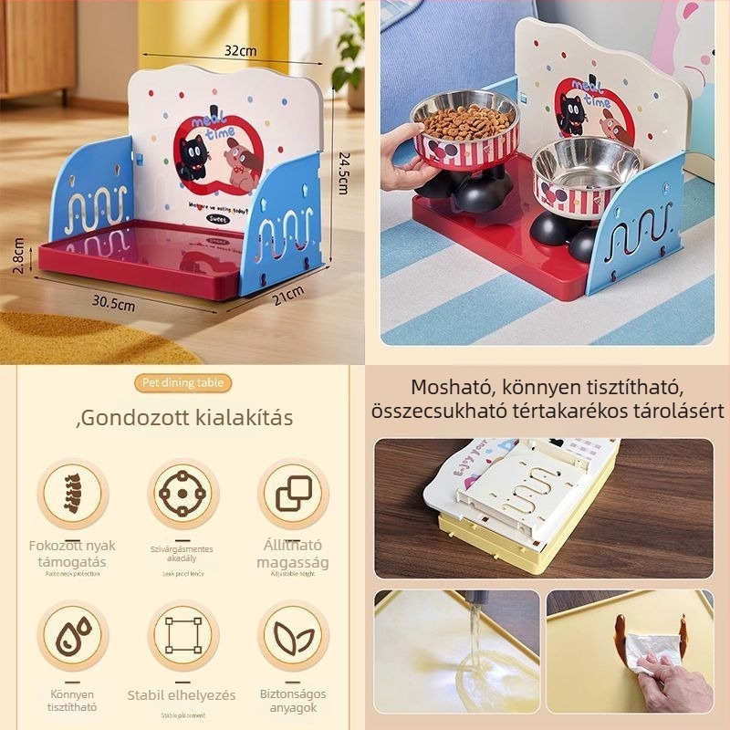 Macska etető tálak két szintes állványa (Anyag: PP; Márka: He Ou; Modell: Dopamine Dining Table; Kategória: Kisállat etetőfelszerelés)