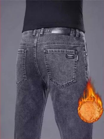 Férfi denim nadrág fleece-béléses, rugalmas slim szabás, egyenes szár, cipzárral