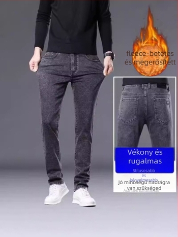 Férfi denim nadrág fleece-béléses, rugalmas slim szabás, egyenes szár, cipzárral