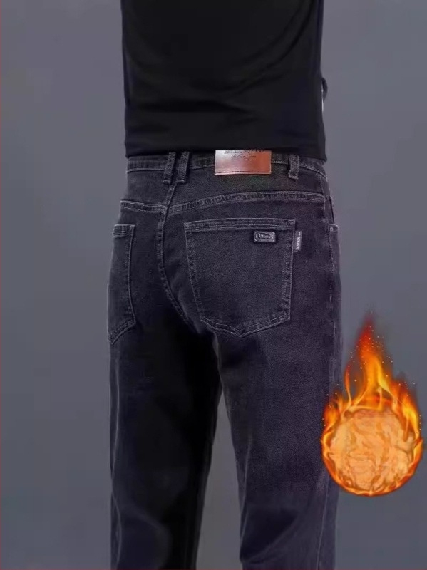 Férfi denim nadrág fleece-béléses, rugalmas slim szabás, egyenes szár, cipzárral