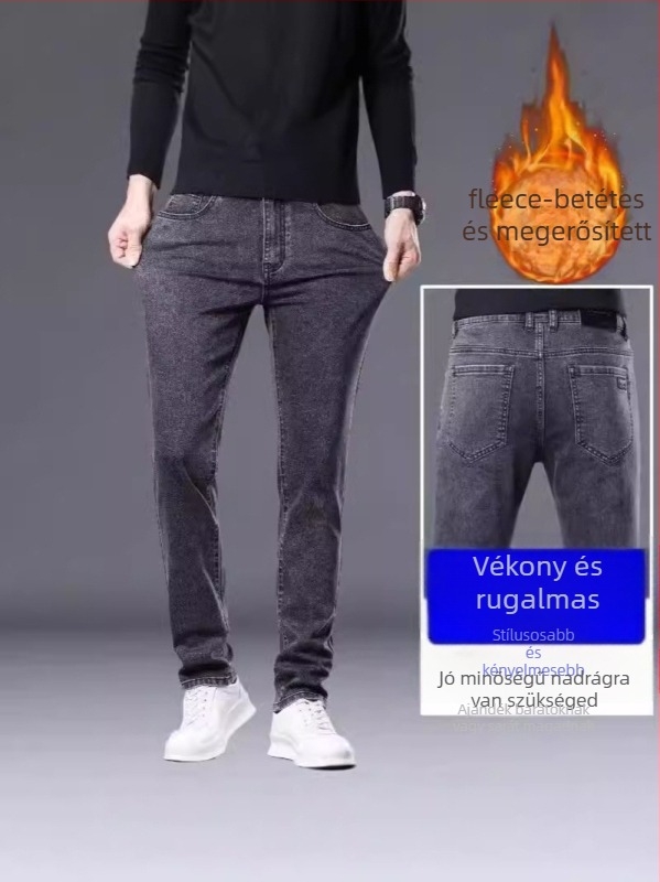 Férfi denim nadrág fleece-béléses, rugalmas slim szabás, egyenes szár, cipzárral