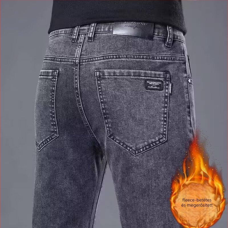 Férfi denim nadrág fleece-béléses, rugalmas slim szabás, egyenes szár, cipzárral