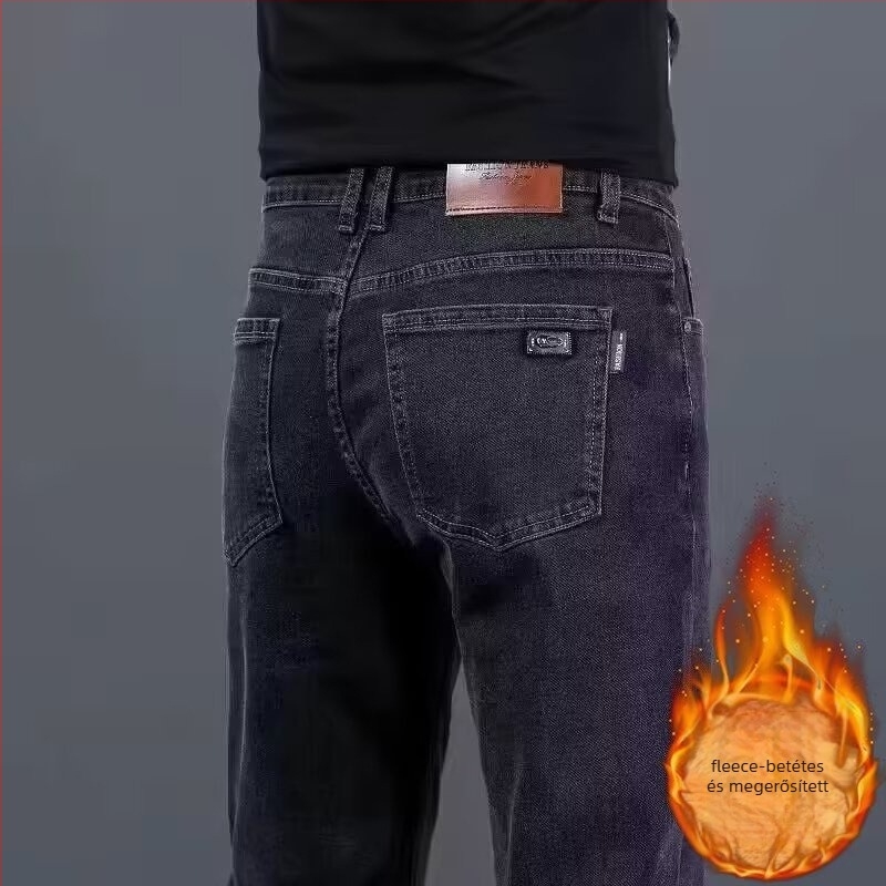 Férfi denim nadrág fleece-béléses, rugalmas slim szabás, egyenes szár, cipzárral