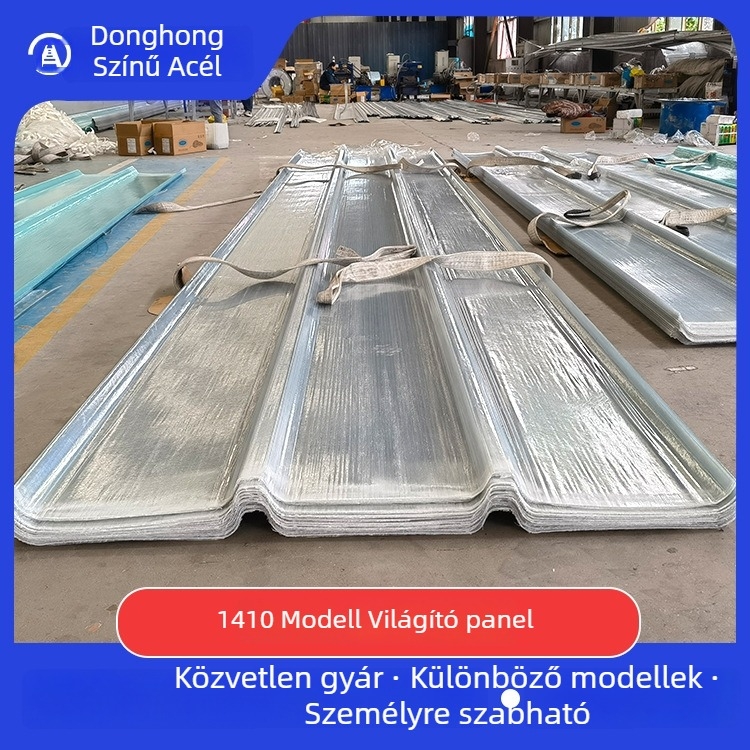 FRP fényáteresztő panelek acél éllel, tűzálló, UV-álló, fényáteresztés ≥70%, tetővilágításhoz acél szerkezeteknél (Típusok 470/760/820/940/1410)