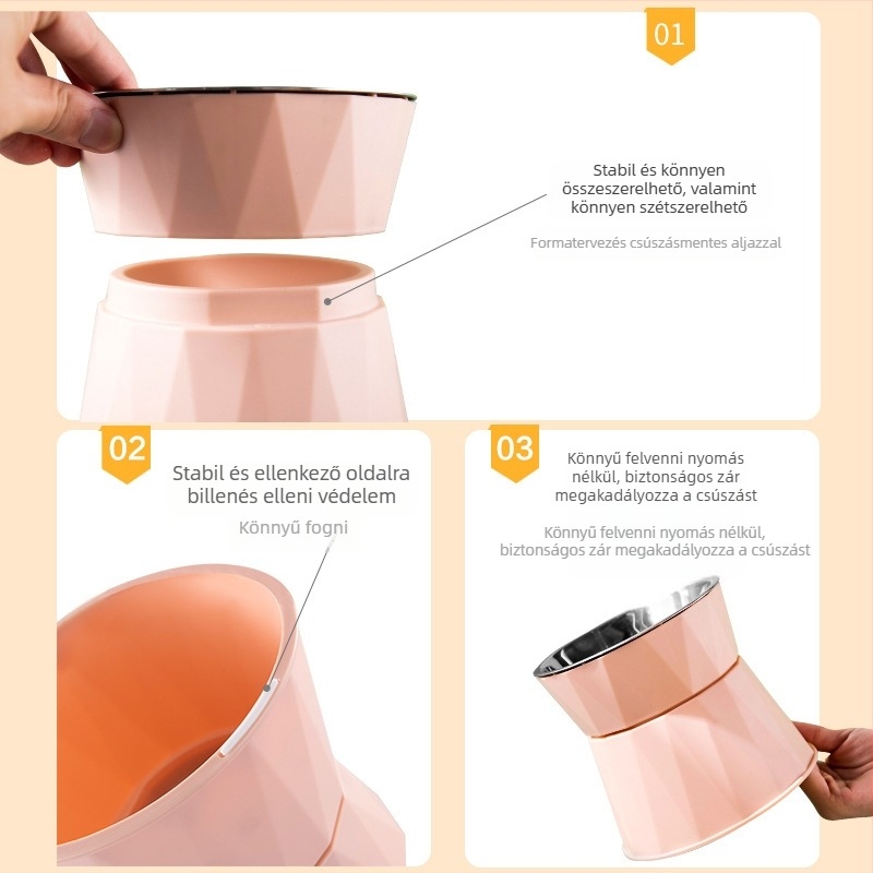 Macska etető tál magas állvánnyal és nyakvédővel, rozsdamentes acél, automata etetés készlet, 30 darab