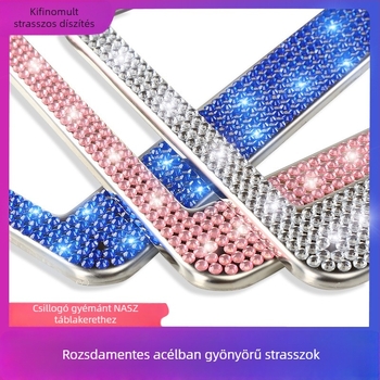 Model: Gyémántos rendszámtábla keret; Anyag: rozsdamentes acél; Típus: rhinestone, akril kő; Kompatibilis amerikai rendszámtáblákkal
