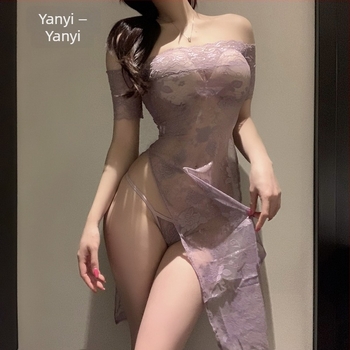 Qipao-stílusú cosplay fehérnemű, csipkés, átlátszó, szoros fazon, poliészter anyag (csipés tartalom 30-50%) - 9105