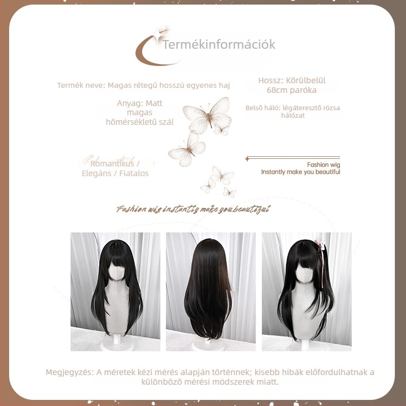 Hosszú egyenes paróka oldalsó frufrival, modell XJ-GHH-005, anyag fehérje-selyem, mechanizált gyártás, arcformázó hatás, fiatalos megjelenés