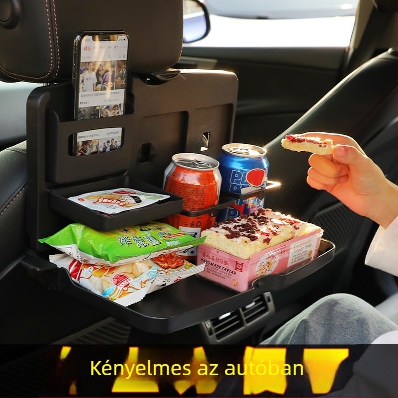 Autó hátsó üléséhez illeszkedő összecsukható étkezőasztal, ABS anyag, modell T01, hátul ülés támla rögzítés, laptop tartó, licencelhető privát címke