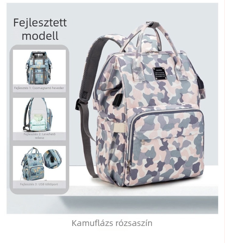 Utazáshoz készült, nagy kapacitású kismama hátizsák – Oxford anyag, USB csatlakozó, száraz–nedves elválasztás, virágmintás bélés