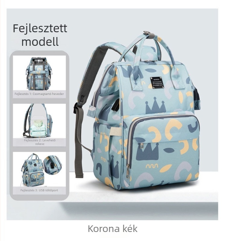 Utazáshoz készült, nagy kapacitású kismama hátizsák – Oxford anyag, USB csatlakozó, száraz–nedves elválasztás, virágmintás bélés