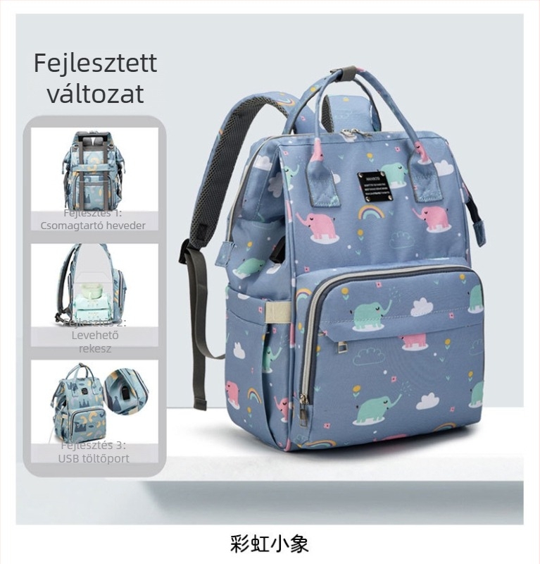 Utazáshoz készült, nagy kapacitású kismama hátizsák – Oxford anyag, USB csatlakozó, száraz–nedves elválasztás, virágmintás bélés