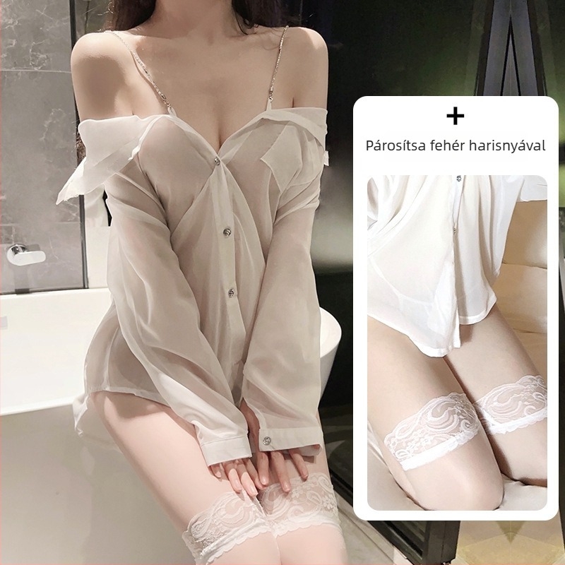 Női chiffon hálóing — átlátszó, uniforma-alapú szerepjáték dizájn; anyag: chiffon; fő anyag összetétel: 90–95% poliészter