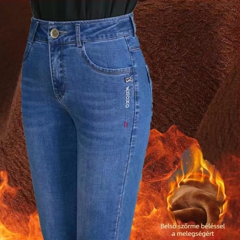 Női denim farmernadrág fleece-sel bélelt, magas derék, egyenes szárú, hosszú
