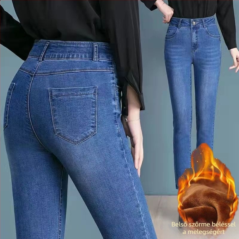 Női denim farmernadrág fleece-sel bélelt, magas derék, egyenes szárú, hosszú