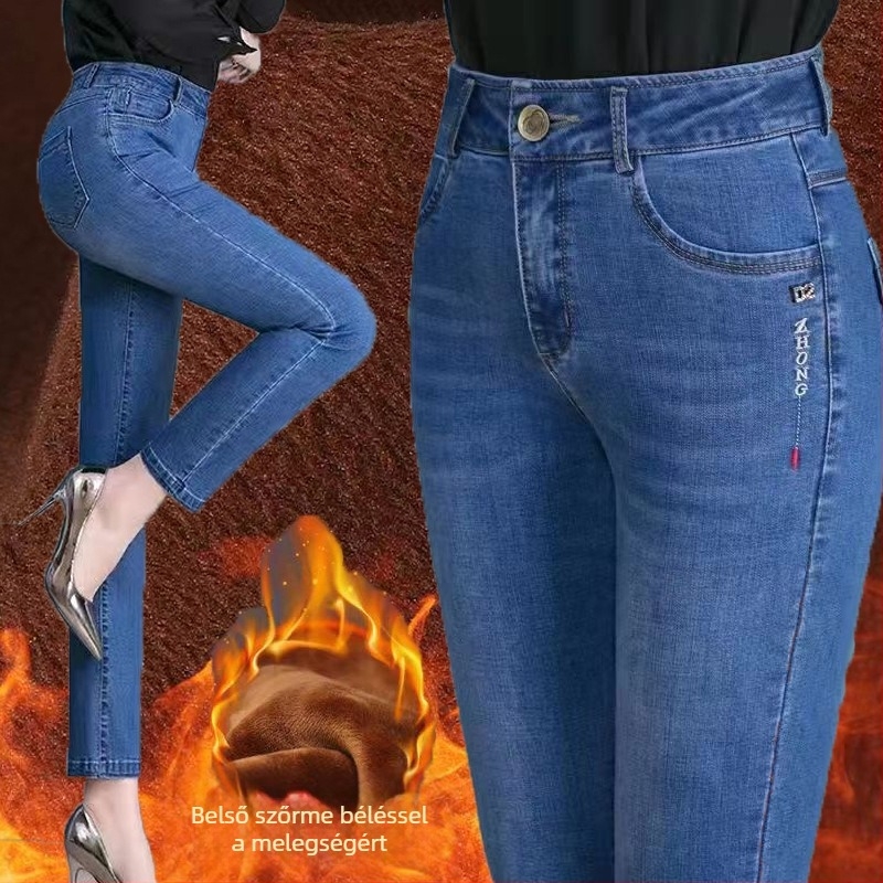 Női denim farmernadrág fleece-sel bélelt, magas derék, egyenes szárú, hosszú